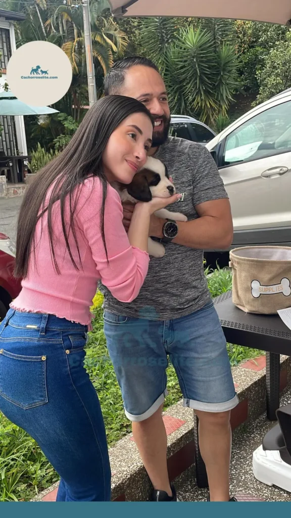 mujer y hombre con cachorro de san bernando