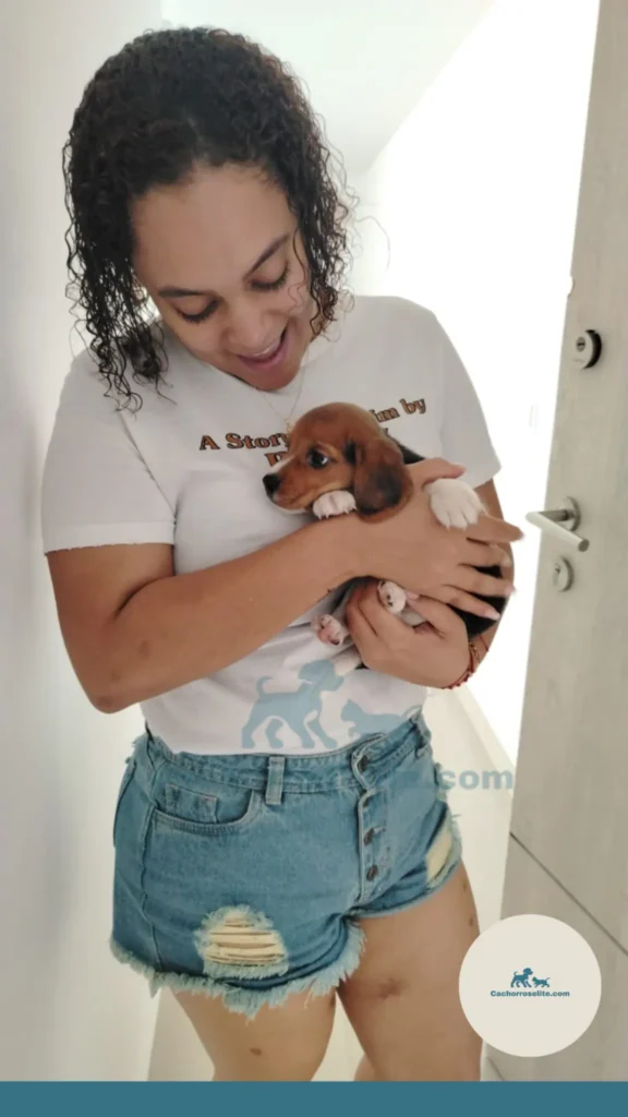 mujer feliz con cachorro beagle Clientes felices cachorroselite